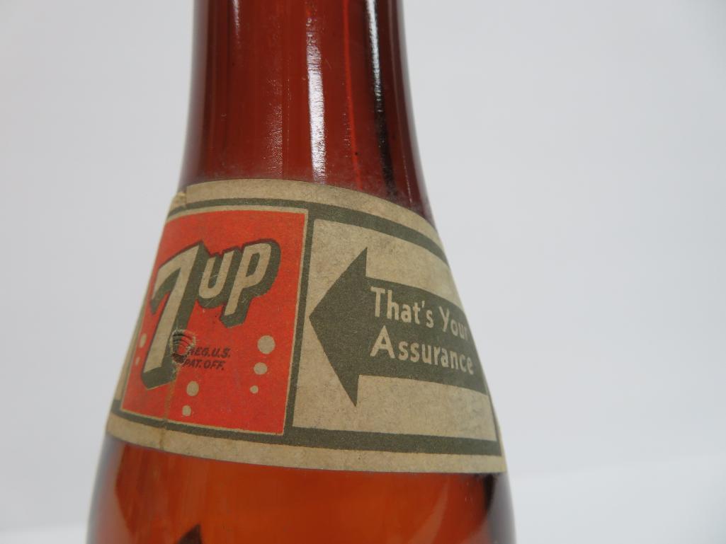 You Proudly Serve 7-UP amber bottle, 12 oz, 1939