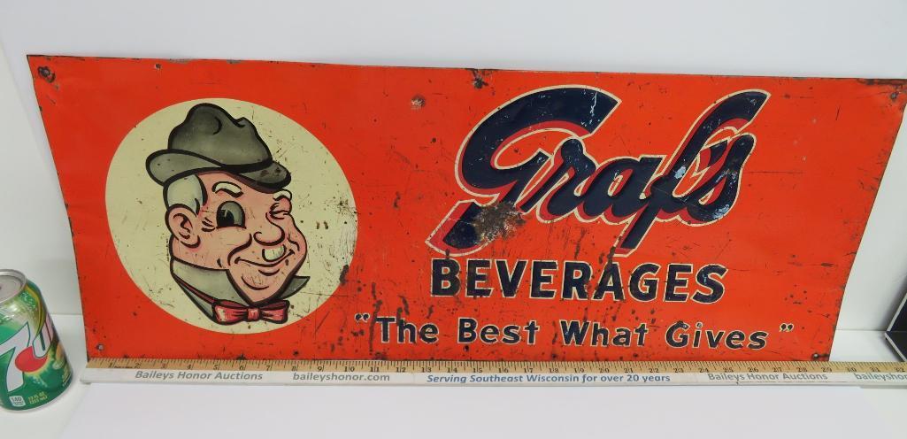 Metal Graf's Beverages sign, Grandpa Graf, 29 1/2" x 11 1/2"