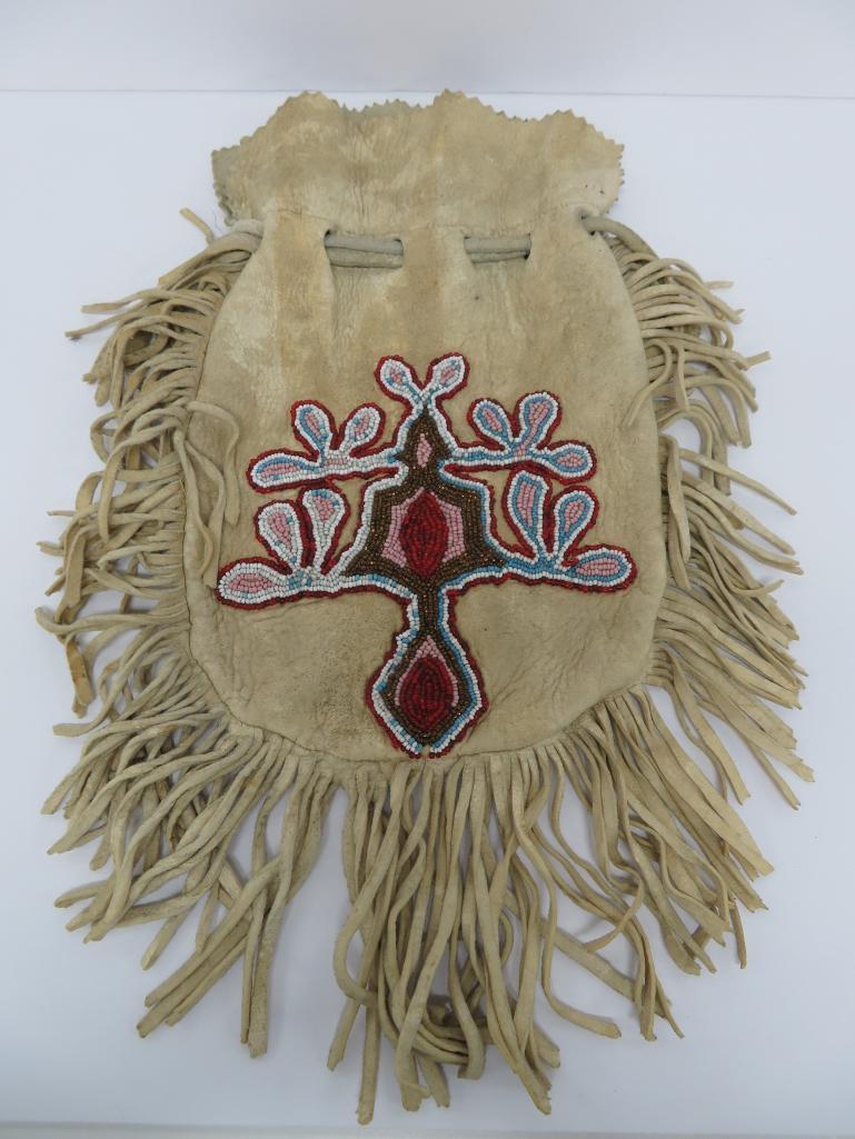Cree Native American Beaded Pouch, deer skin, 16" with fringe