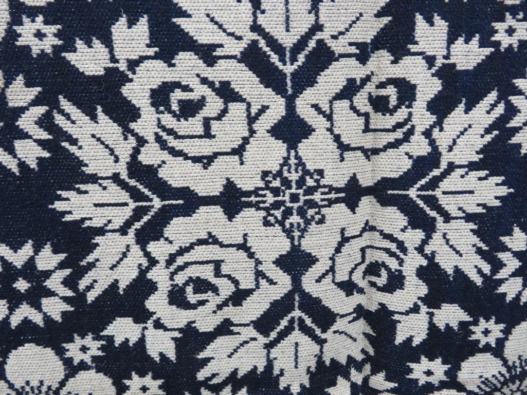 1850 Blue and White Woven coverlet, Seneca County Ohio, birds and flora