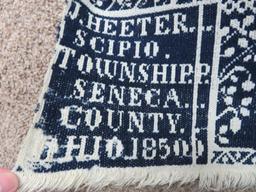 1850 Blue and White Woven coverlet, Seneca County Ohio, birds and flora