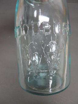 Hard to Find Woodbury Aqua Canning Jar with metal thumb closure, quart