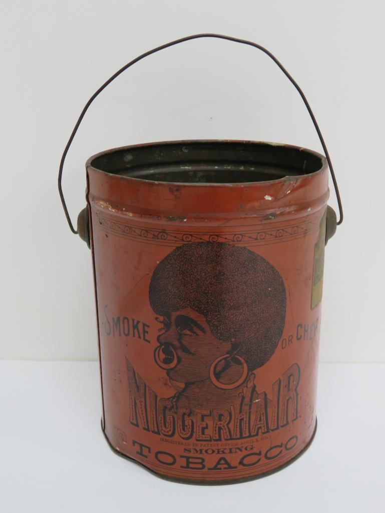 Nigger Hair Tobacco Can, 6 3/4", dark orange, B Leidersdorf Co