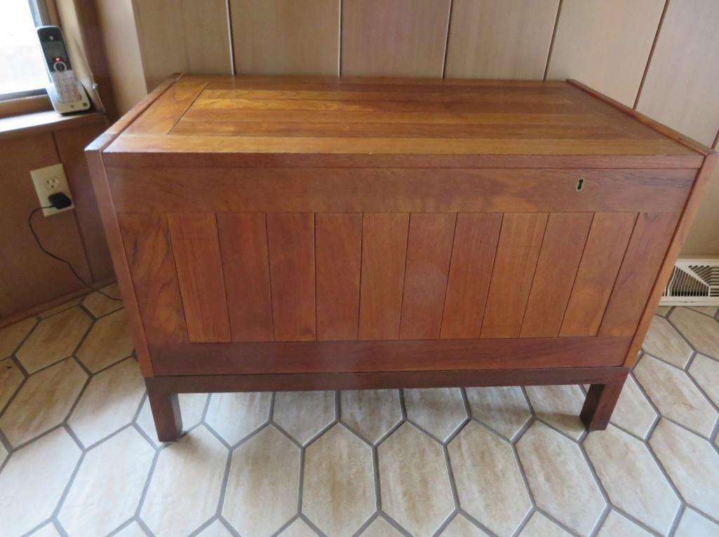 Danish Modern lift top chest, metal tag