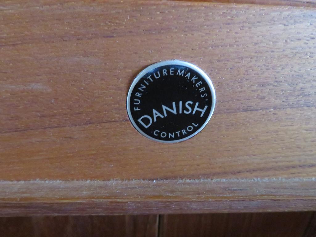 Danish Modern lift top chest, metal tag