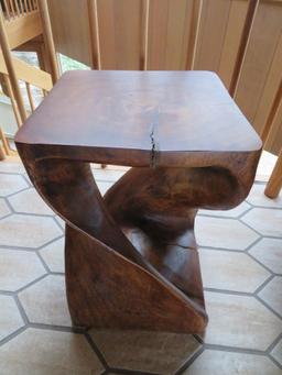 Modernistic wood side table, 12" top and 18" tall