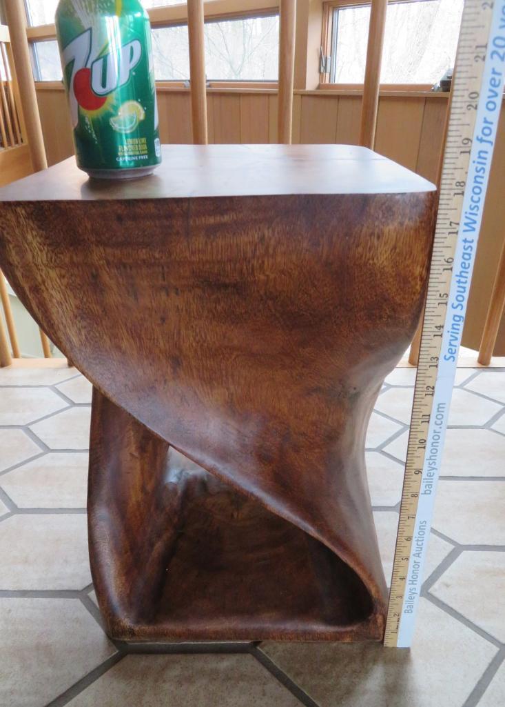 Modernistic wood side table, 12" top and 18" tall