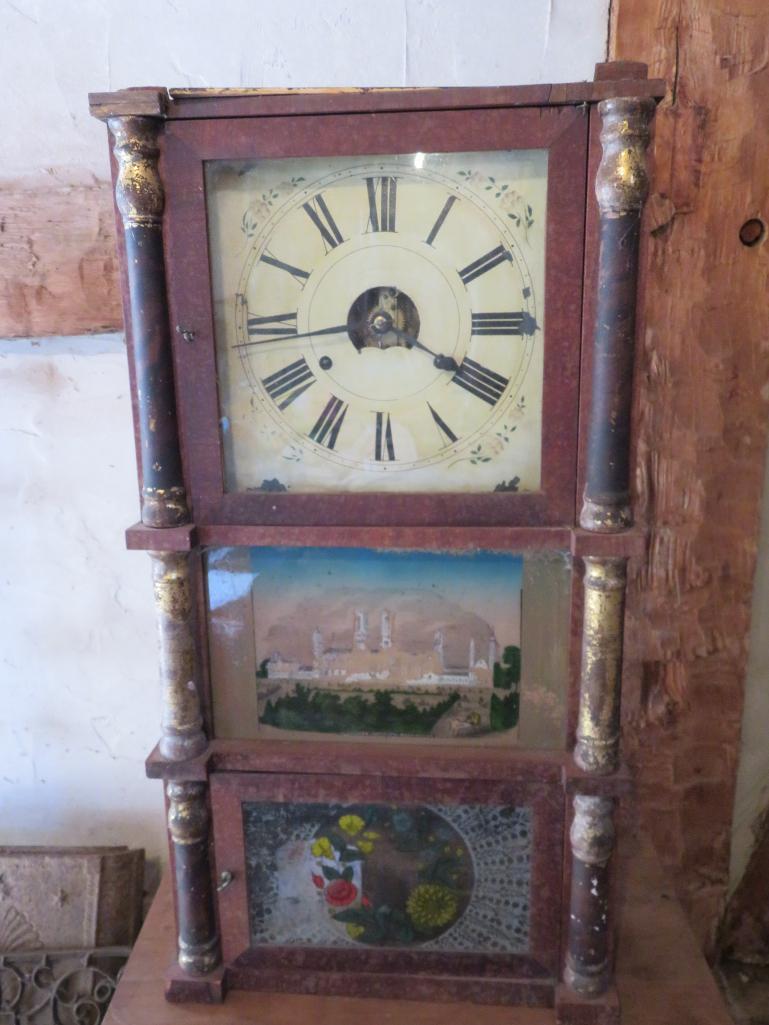 Ornate reverse painted case clock, distressed, 16" x 30"