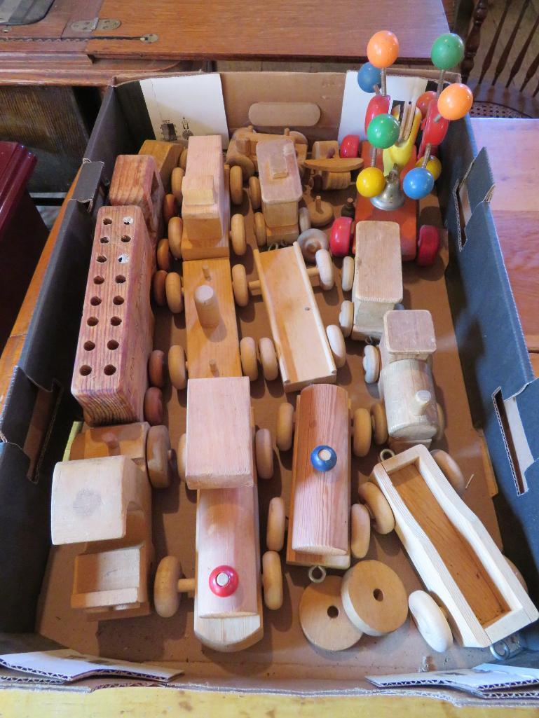 Assorted wood trains and toys, about 16 pieces