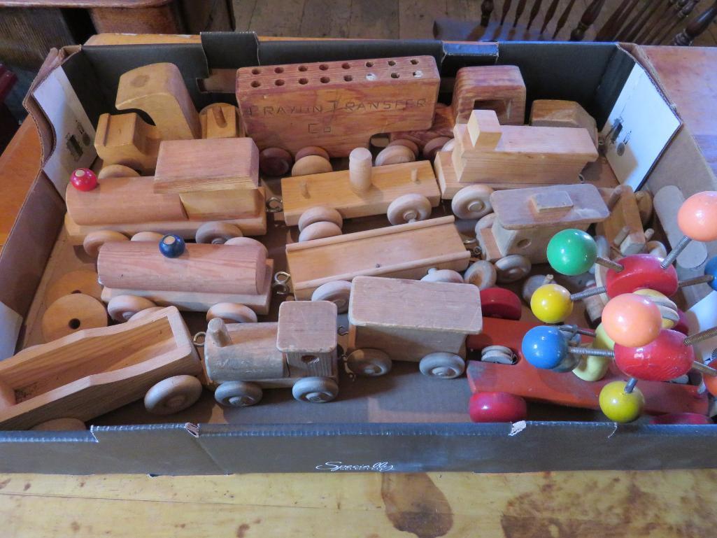 Assorted wood trains and toys, about 16 pieces