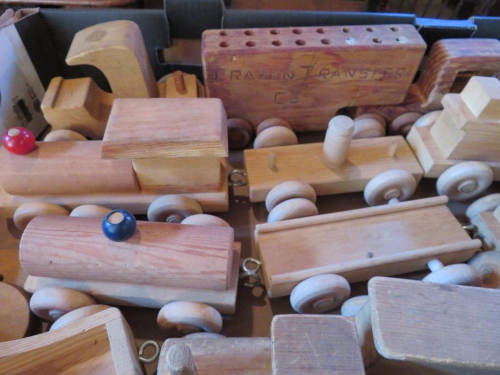 Assorted wood trains and toys, about 16 pieces