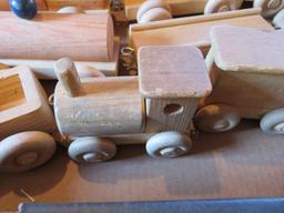 Assorted wood trains and toys, about 16 pieces