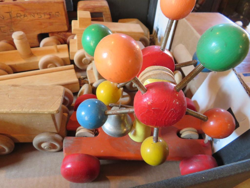 Assorted wood trains and toys, about 16 pieces