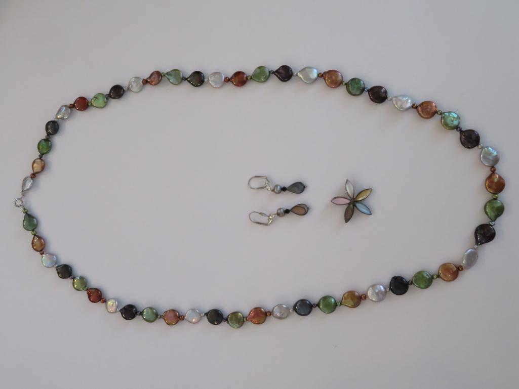 Beaded necklace, earrings and floral shape enhancer