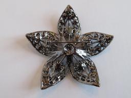 Blue rhinestone flower shape pin, 2 1/4"