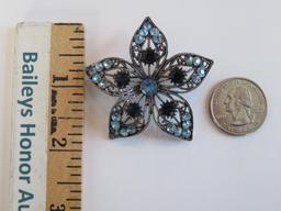 Blue rhinestone flower shape pin, 2 1/4"