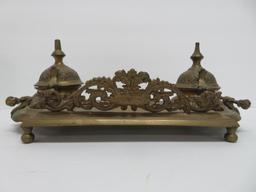 Ornate double metal inkwell with pen tip tray
