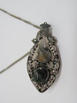 Perfume bottle necklace with inset stones