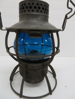 Dressel Railroad Lantern, blue globe, Soo Line Wabash RY, 9"