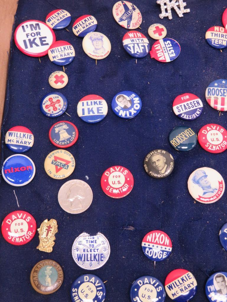 Political pins, over 70 pieces