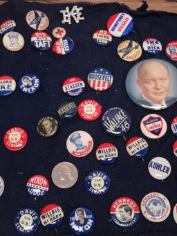 Political pins, over 70 pieces