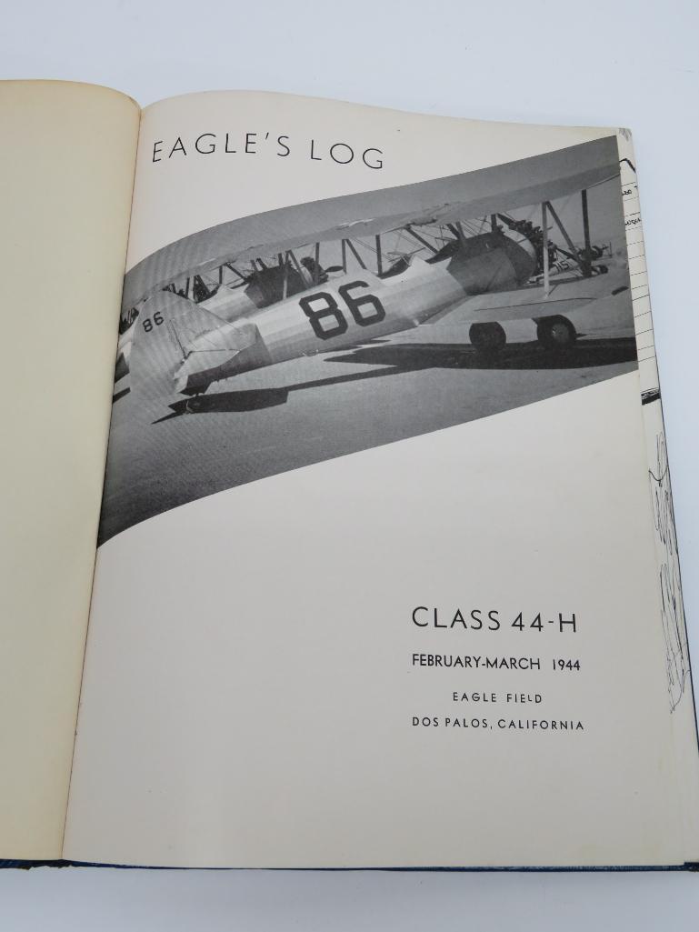 Military books, yearbooks and scrapbook from pilot in photo and uniform