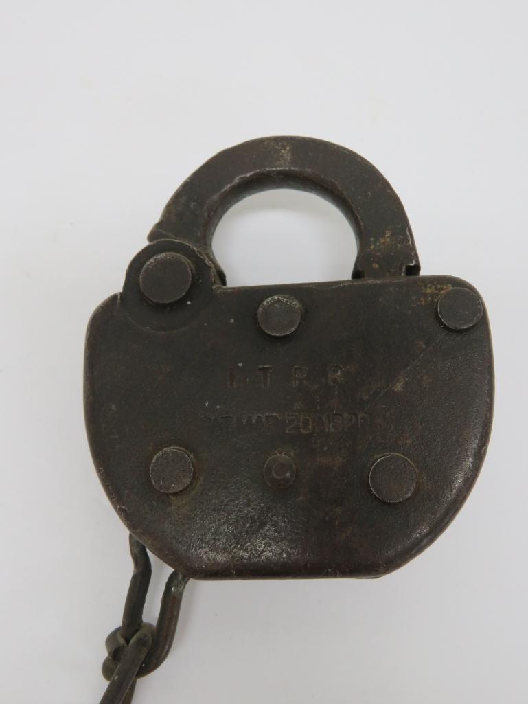 Adlake IT Railroad Lock, 1920, with matching marked key, 3 1/2"