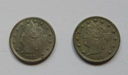 Two 1883 Liberty Nickels, cents and no cents