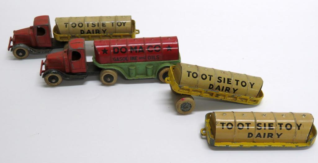 Tootsie Toy trucks, Dairy Tanker and Domaco Gasoline Tanker, 5 1/2"