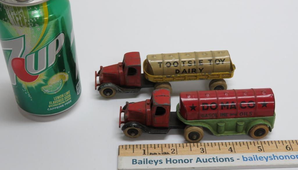 Tootsie Toy trucks, Dairy Tanker and Domaco Gasoline Tanker, 5 1/2"