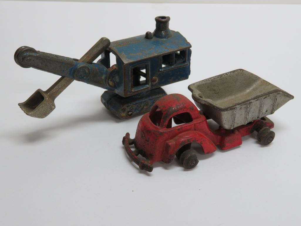 Two cast iron construction toys, Arcade steam shovel and dump truck, 4 1/2"