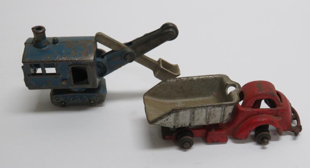 Two cast iron construction toys, Arcade steam shovel and dump truck, 4 1/2"