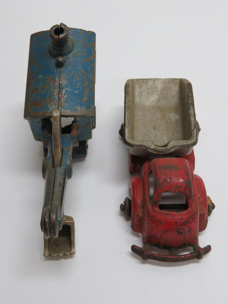 Two cast iron construction toys, Arcade steam shovel and dump truck, 4 1/2"