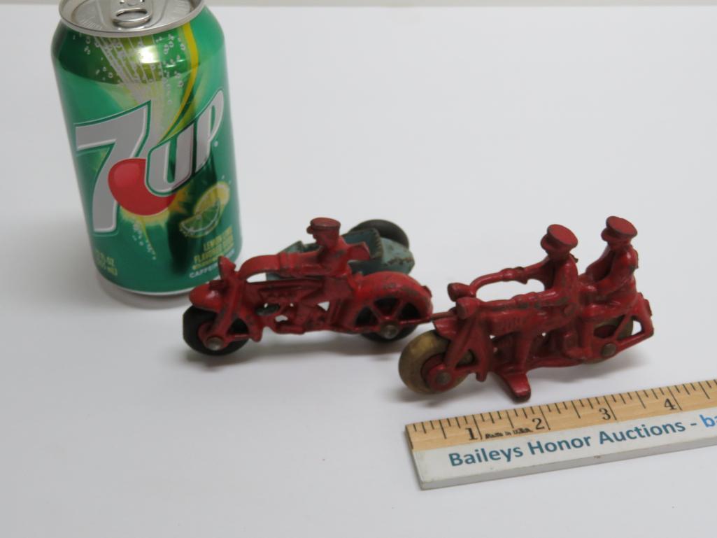 Two Cast iron motorcyles, one with side car, 4"