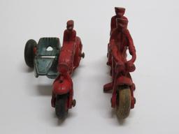 Two Cast iron motorcyles, one with side car, 4"