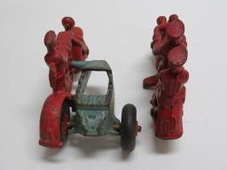 Two Cast iron motorcyles, one with side car, 4"