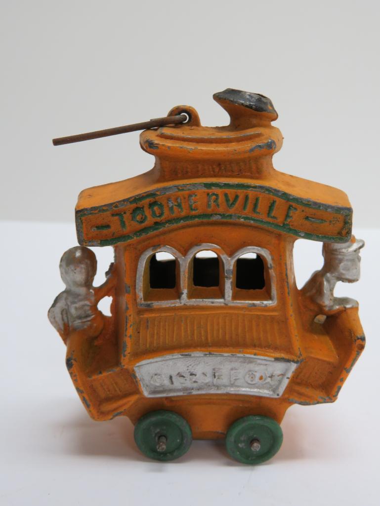 Slush Cast Iron Toonerville Trolley car, 1922 F Fox, 3 1/2"