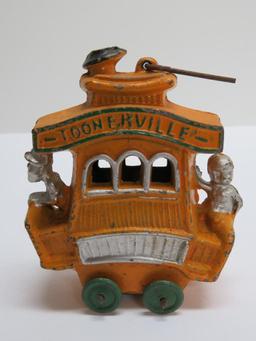 Slush Cast Iron Toonerville Trolley car, 1922 F Fox, 3 1/2"