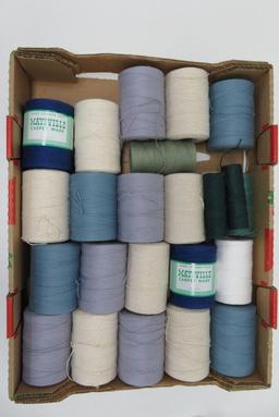 20 Carpet Warp spools, blues-grey-natural, 800 yard size rolls