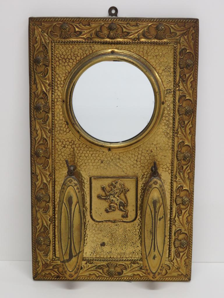 Vanity mirror and brushes, metal, ornate thistle pattern