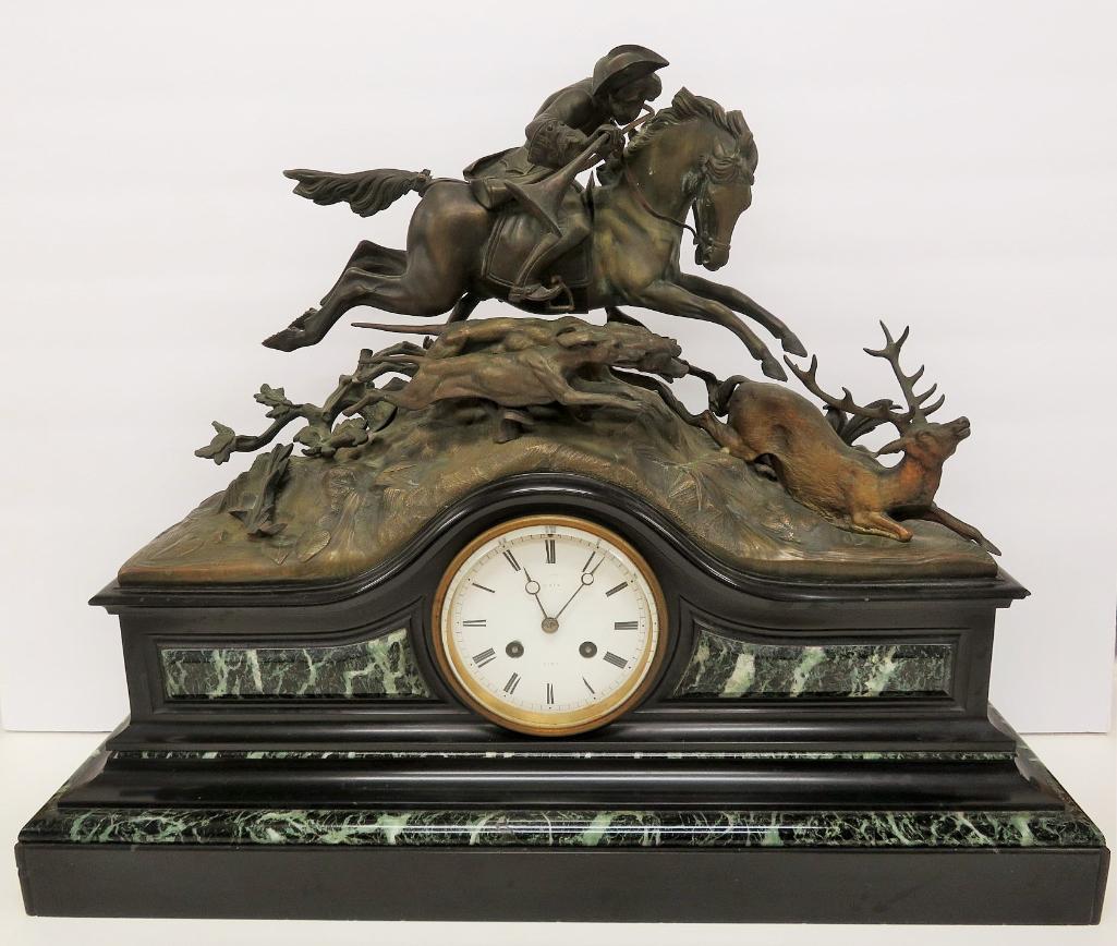 Fabulous French Ormolu Mantle clock, Mounted Elk Hunt, with key