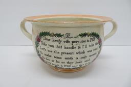 Early Motto chamber pot with frog on interior, 10" with handles