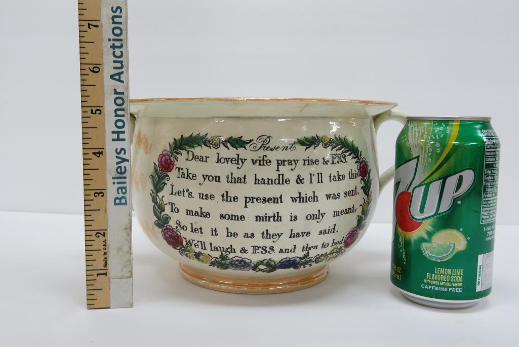 Early Motto chamber pot with frog on interior, 10" with handles