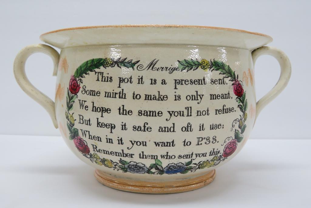 Early Motto chamber pot with frog on interior, 10" with handles