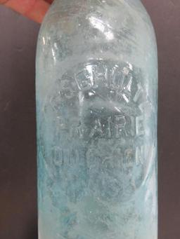 Large blob top bottle, F Schultz Prairie DuChien Wis, aqua, 10 1/2"