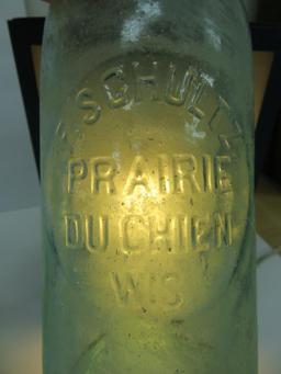 Large blob top bottle, F Schultz Prairie DuChien Wis, aqua, 10 1/2"