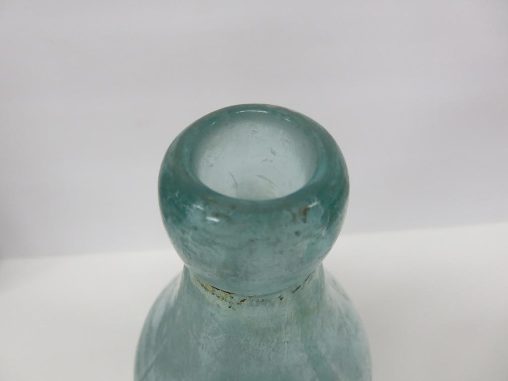 Large blob top bottle, F Schultz Prairie DuChien Wis, aqua, 10 1/2"