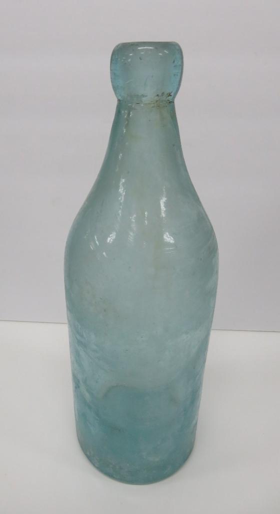 Large blob top bottle, F Schultz Prairie DuChien Wis, aqua, 10 1/2"