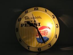 Be Social Have a Pepsi light up clock, working, 15"