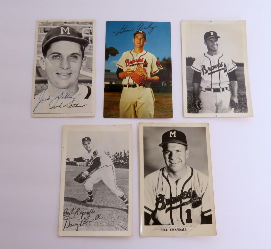 Five Milwaukee Braves photo postcards, c 1955, 3 autographed